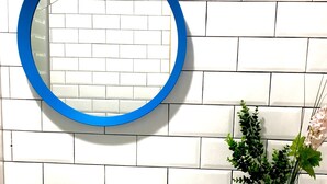 Une salle de bain avec un lavabo blanc, un miroir à cadre bleu, une plante verte et un distributeur de savon.