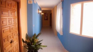 Un pasillo con una puerta de madera, una planta en maceta y un cartel que indica el número 5.