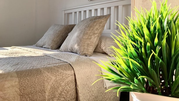 A bed with a beige quilt and pillows, a white headboard, and a potted plant to the right. - OYO Guest House Torre de Quart (Valencia)