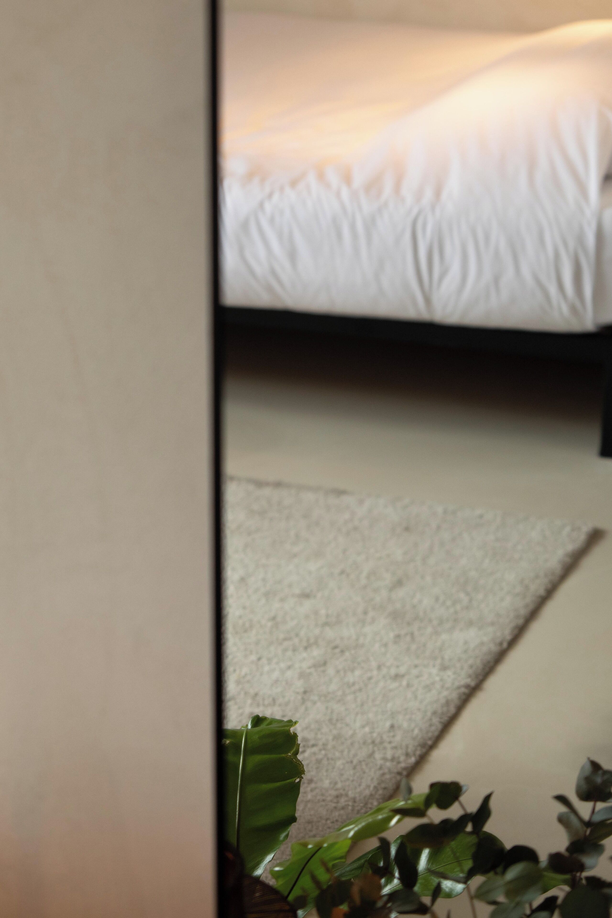 A room with a bed, a carpet, and a plant.