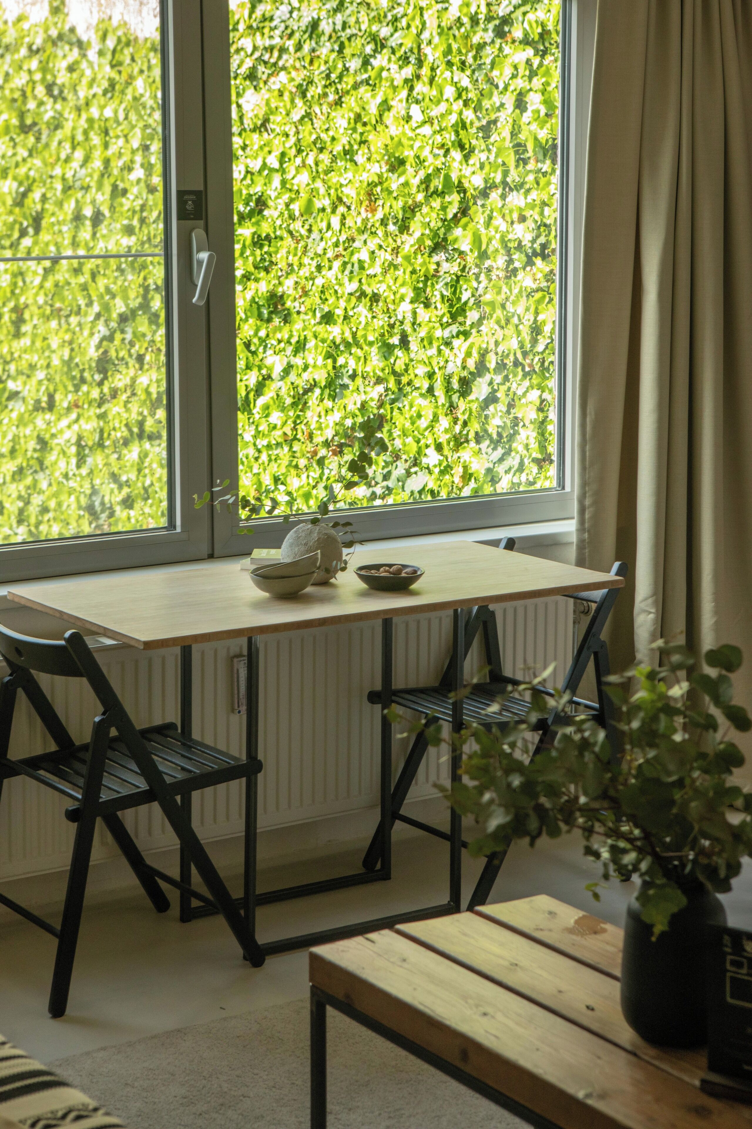 A room with a window, a table, two chairs, a radiator, and a potted plant.