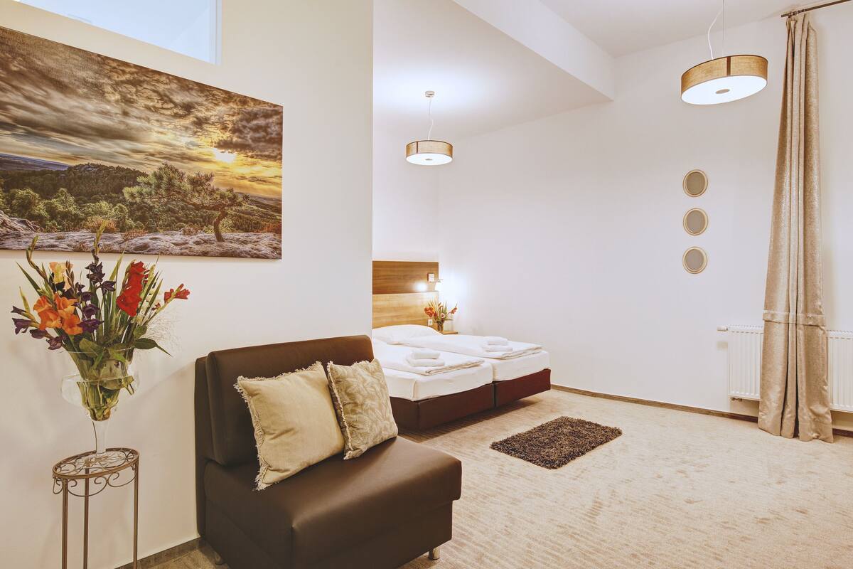 business room | desk, blackout curtains, soundproofing, iron/ironing board