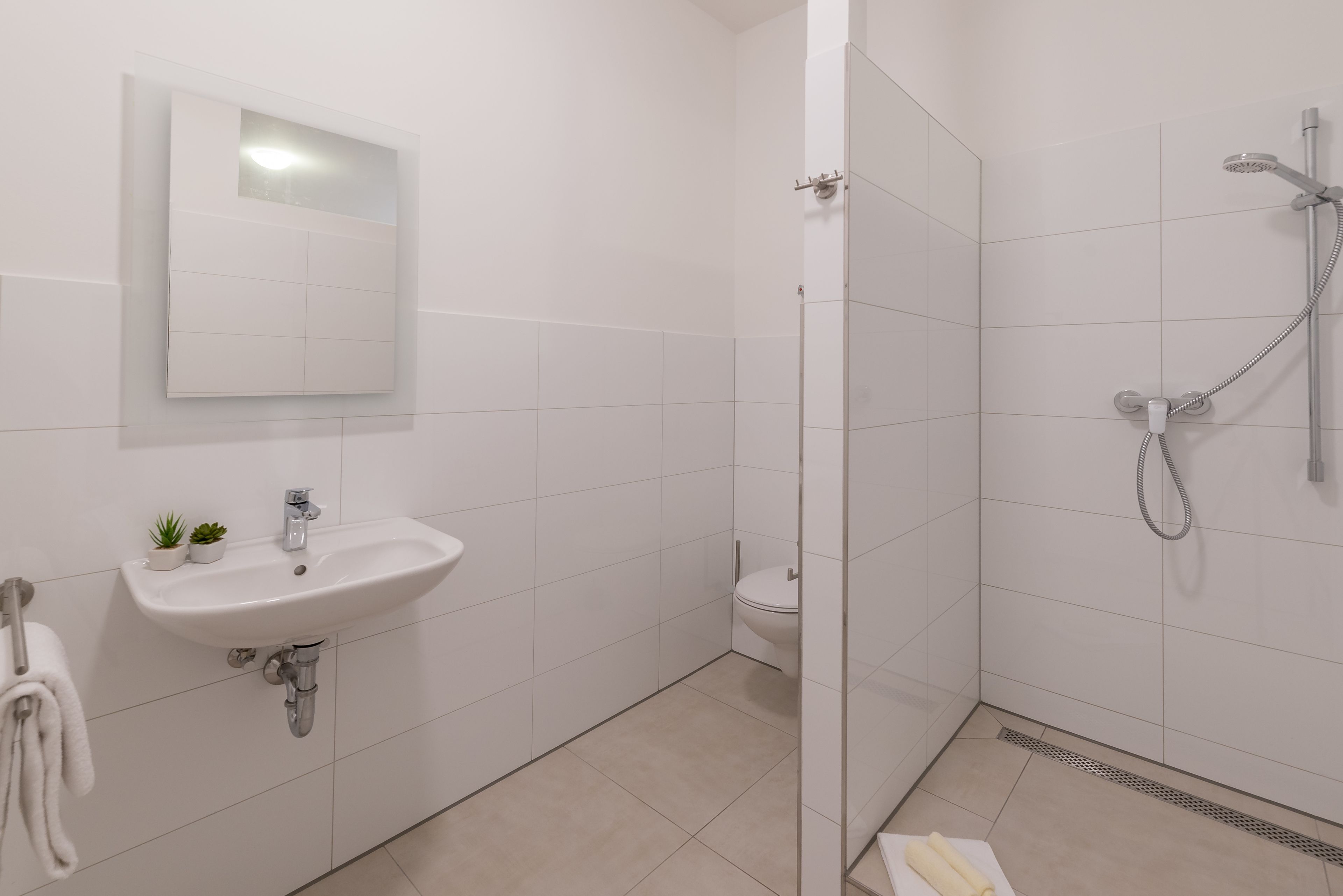 A modern bathroom with a sink, mirror, toilet, and shower.