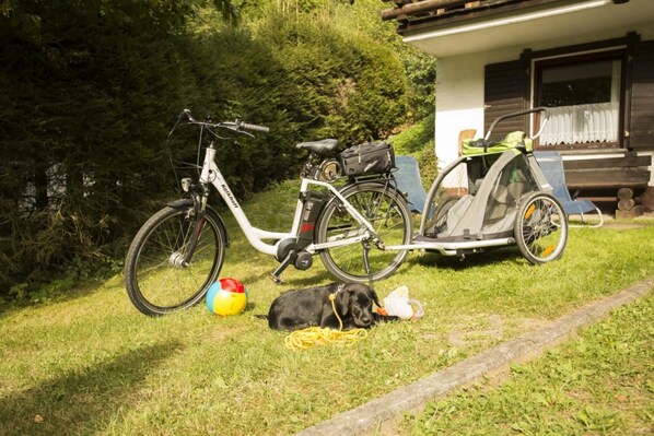 A bicycle, a stroller, and a dog lying on grass in front of a house.