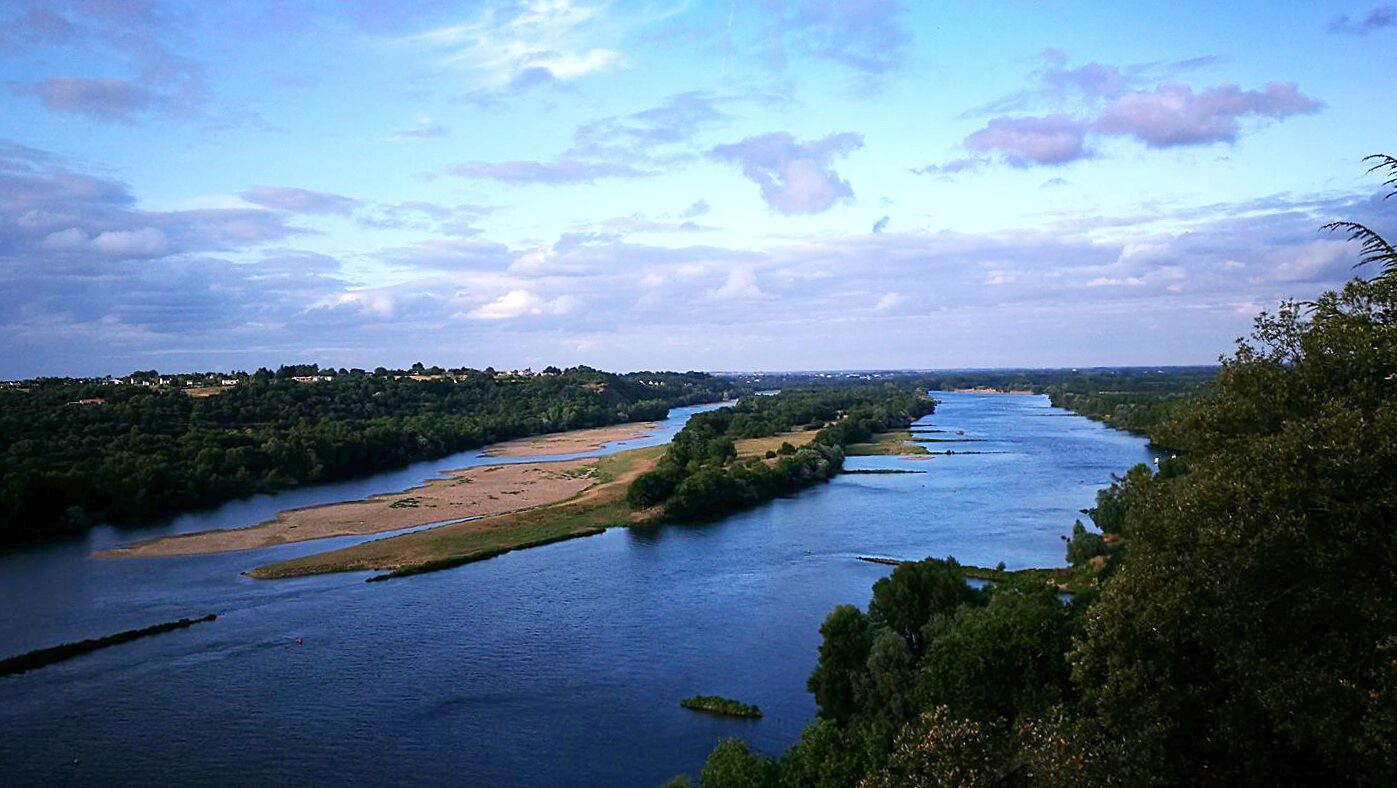 Une rivière serpente à travers un paysage verdoyant et luxuriant, avec une ville qui se devine au loin.
