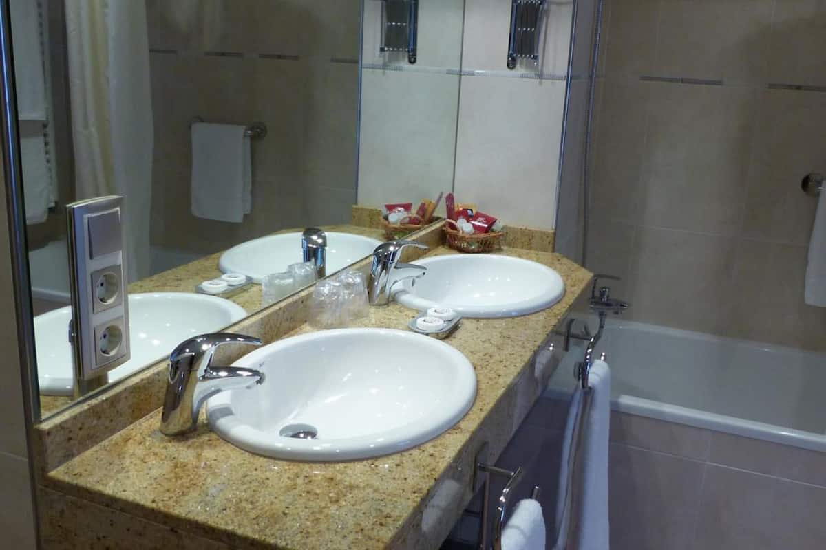 combined shower/bathtub, free toiletries, hair dryer, towels