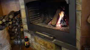 Une cheminée en pierre avec un feu qui crépite à l’intérieur, des bûches empilées à côté, et une bouteille d’huile inflammable posée sur le sol.