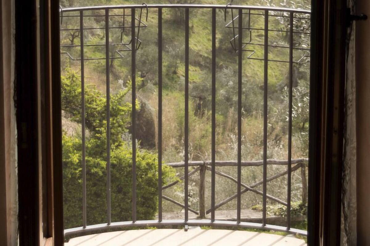 A room with a view of a forested hillside through a balcony with a metal railing.