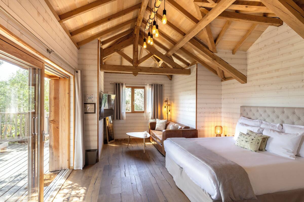 A wooden cabin interior with a large bed, a sofa, a small table, and a TV.