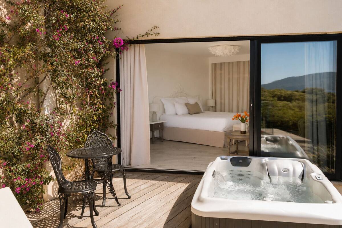 A balcony with a hot tub, a bed, and a view of the landscape.