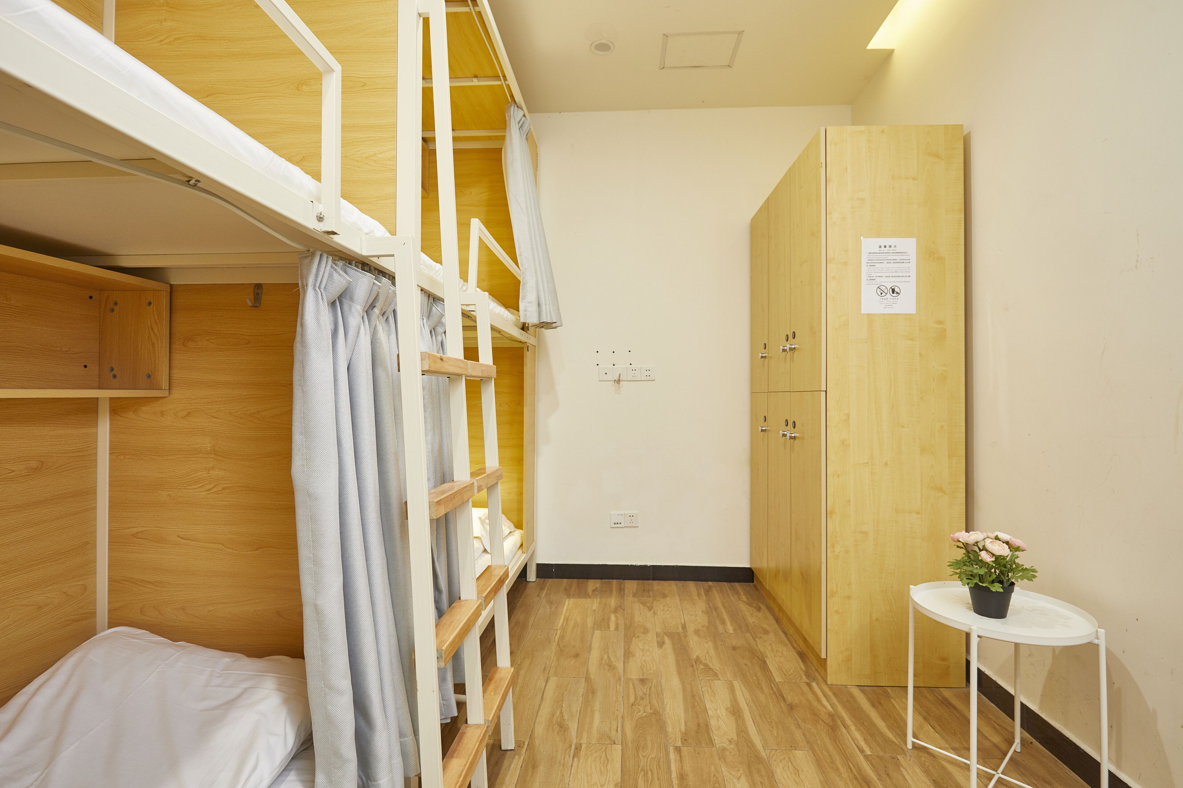 A dormitory room with bunk beds, a wooden wardrobe, a small table with a potted plant, and a white wall with a sign.