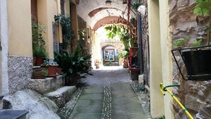 Un estrecho callejón con un camino adoquinado, paredes de piedra y plantas en macetas.