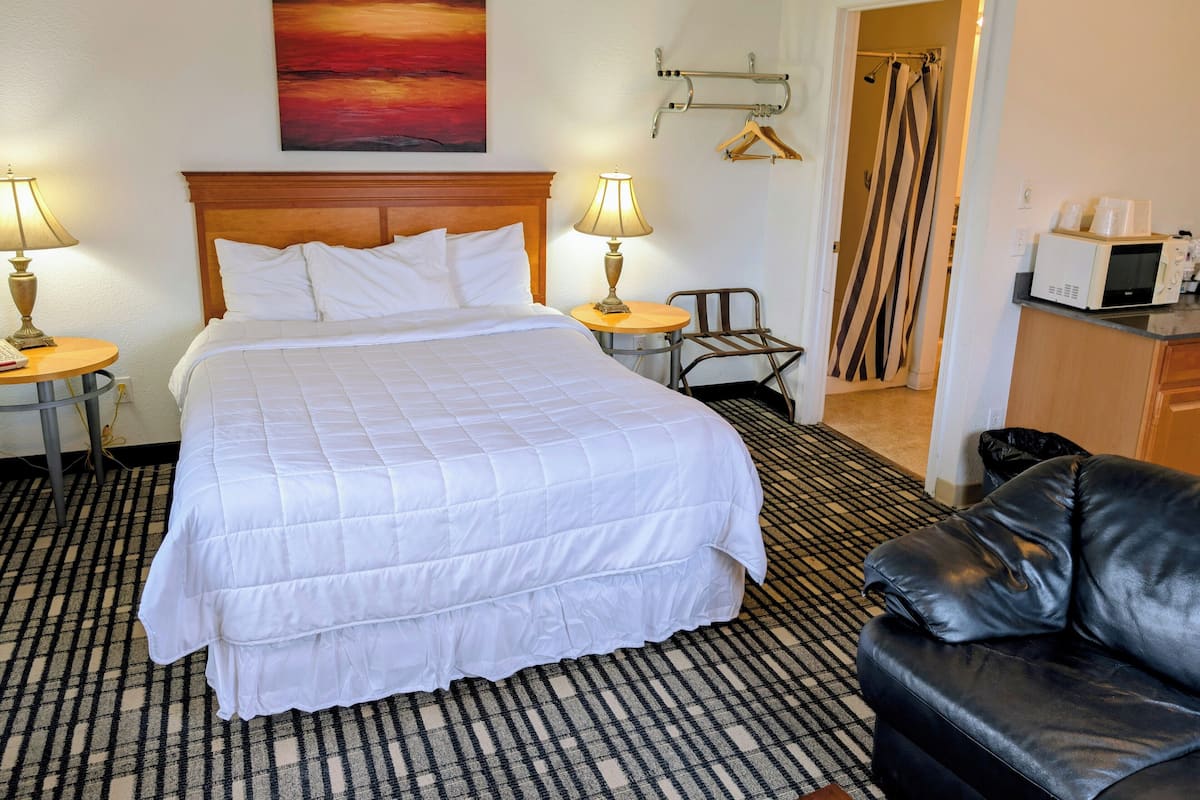 A hotel room with a bed, two bedside tables with lamps, a black leather sofa, a shower area, and a microwave on the countertop.