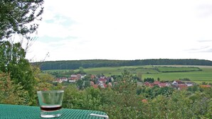 A table with a glass of red beverage, overlooking a village with red-roofed houses and green fields.