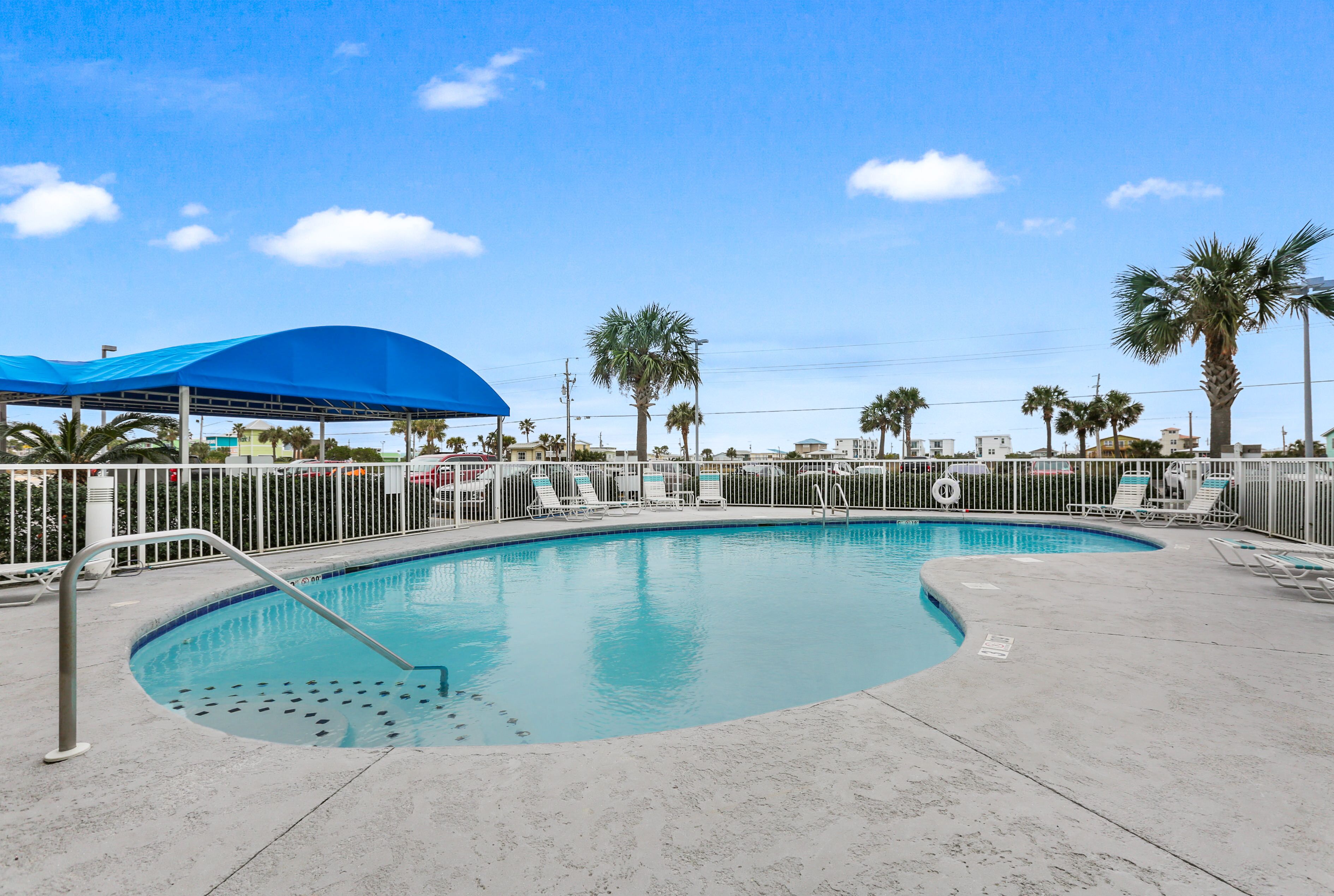 A swimming pool with a blue canopy, palm trees, and a fenced area with lounge chairs.