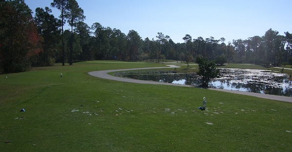 Un campo de golf con un estanque, árboles y un sendero para caminar.