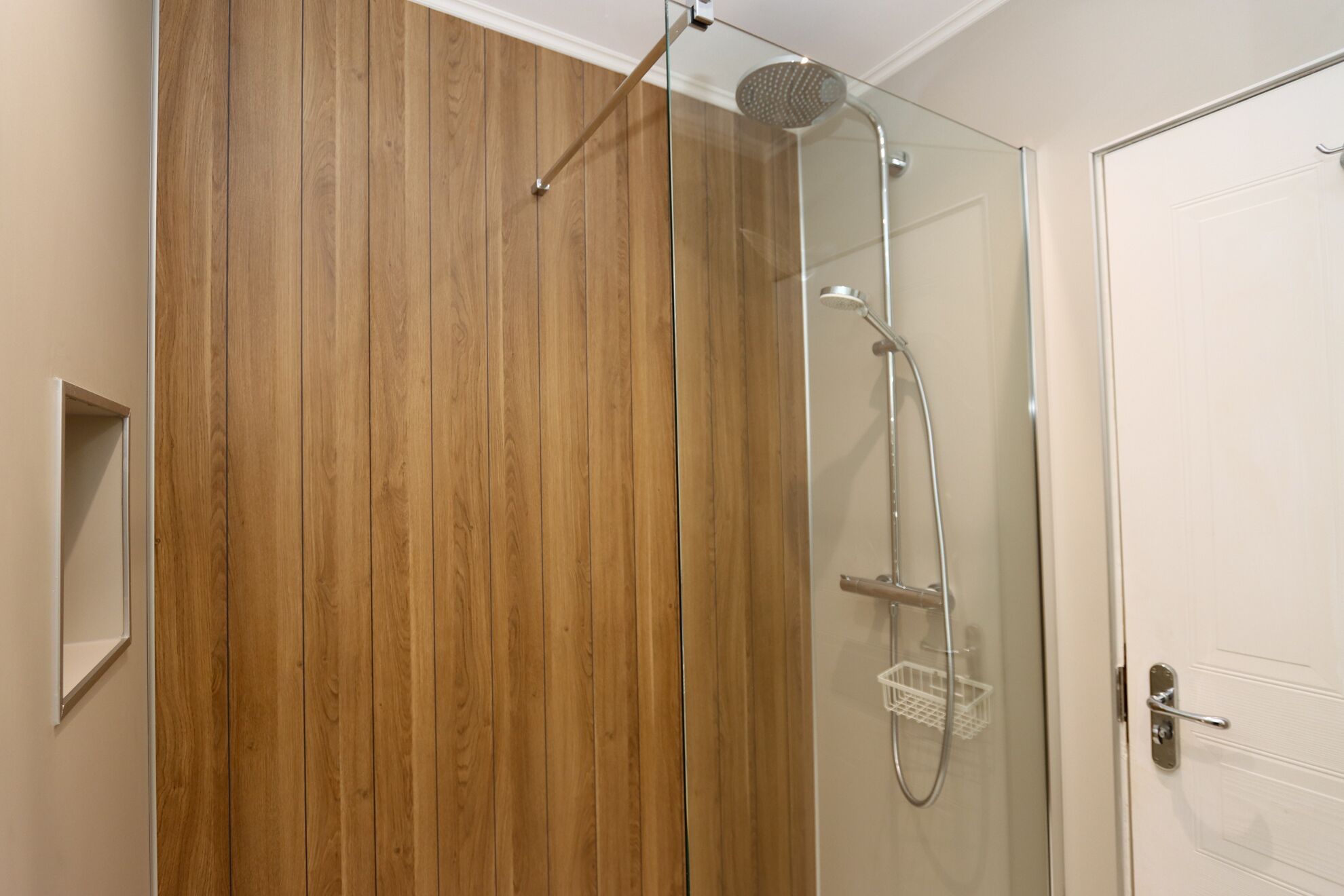A wooden wardrobe, a glass shower enclosure, and a white door.