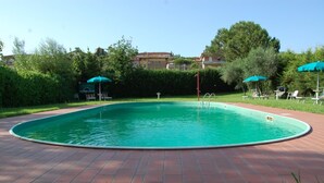 A swimming pool with a tiled deck, surrounded by greenery and a few lounge chairs.