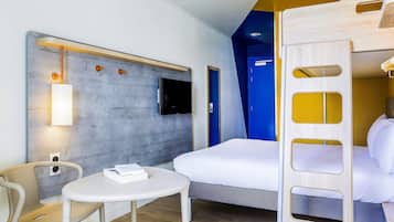 Premium bedding, desk, blackout curtains, soundproofing