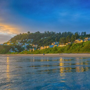 A coastal landscape with a beach, houses on a hillside, and a sunset.