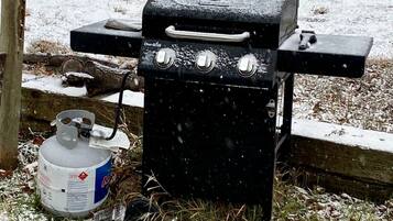 Ein tragbarer Grill mit Propangasflasche, auf einer grasbewachsen Fläche mit Schnee.
