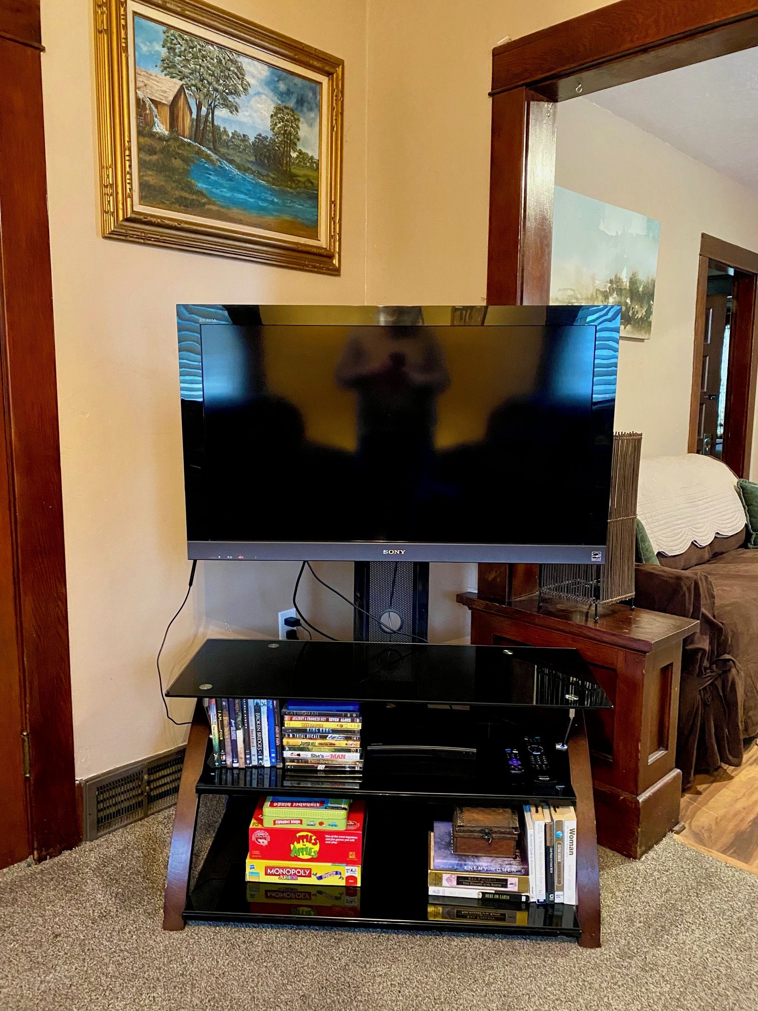 Ein Wohnzimmer mit Flachbildfernseher auf einem Schrank, einem Bücherregal mit verschiedenen Gegenständen und einem Gemälde an der Wand.