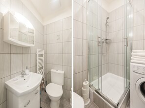 Shower, free toiletries, hair dryer, towels