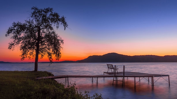 Un muelle de madera que se adentra en aguas tranquilas, con un banco y un árbol a la izquierda.