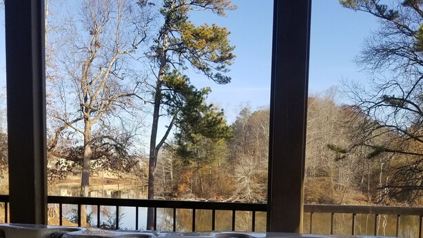 A hot tub with a view of a forest and a body of water.