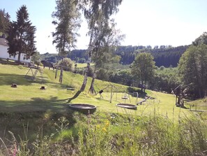 A grassy outdoor area with swings and a small pond. - Typ Murmeltier - Two Bedroom Resort, Sleeps 4 (Bestwig)