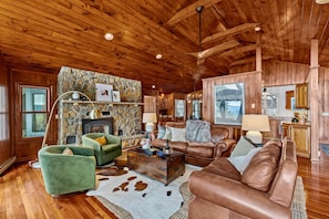 Flat-screen TV, fireplace, DVD player - Longview Lodge: 4BR Boone Cabin w/ Sauna, Hot Tub, Pool Table & Incredible Views! (Boone)