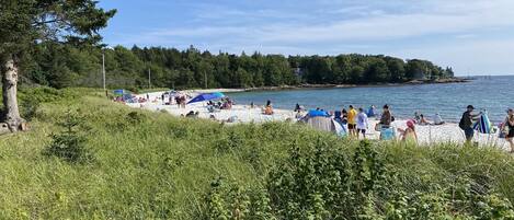 Een strand met mensen, tenten en een bebost gebied op de achtergrond.