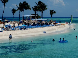 Une plage avec une eau turquoise et limpide, des palmiers et un espace abrité par des parasols, équipé de chaises longues.