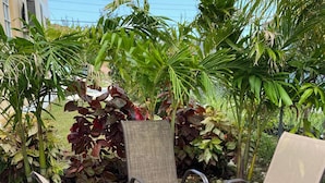 An outdoor seating area with four metal chairs and a table, surrounded by lush greenery and a building in the background.
