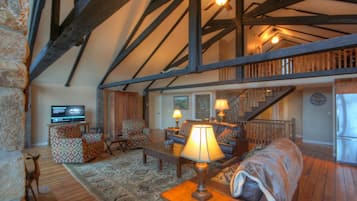 Télévision, cheminée, lecteur de DVD, baby-foot