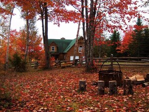 Ein rustikales Blockhaus, umgeben von Bäumen mit Herbstlaub, einem Holzzaun und einer Feuerstelle.