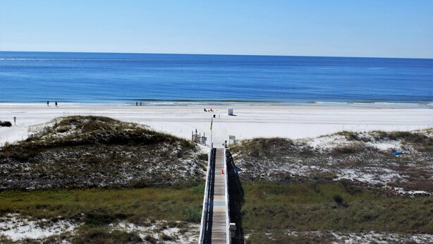 A beach with a wooden boardwalk leading to the water, sandy dunes, and a clear blue sky. - Fun in the Sun! 3 bdrm/2 Bath Ocean Front Condo with gorgeous views of the Gulf! (Orange Beach)