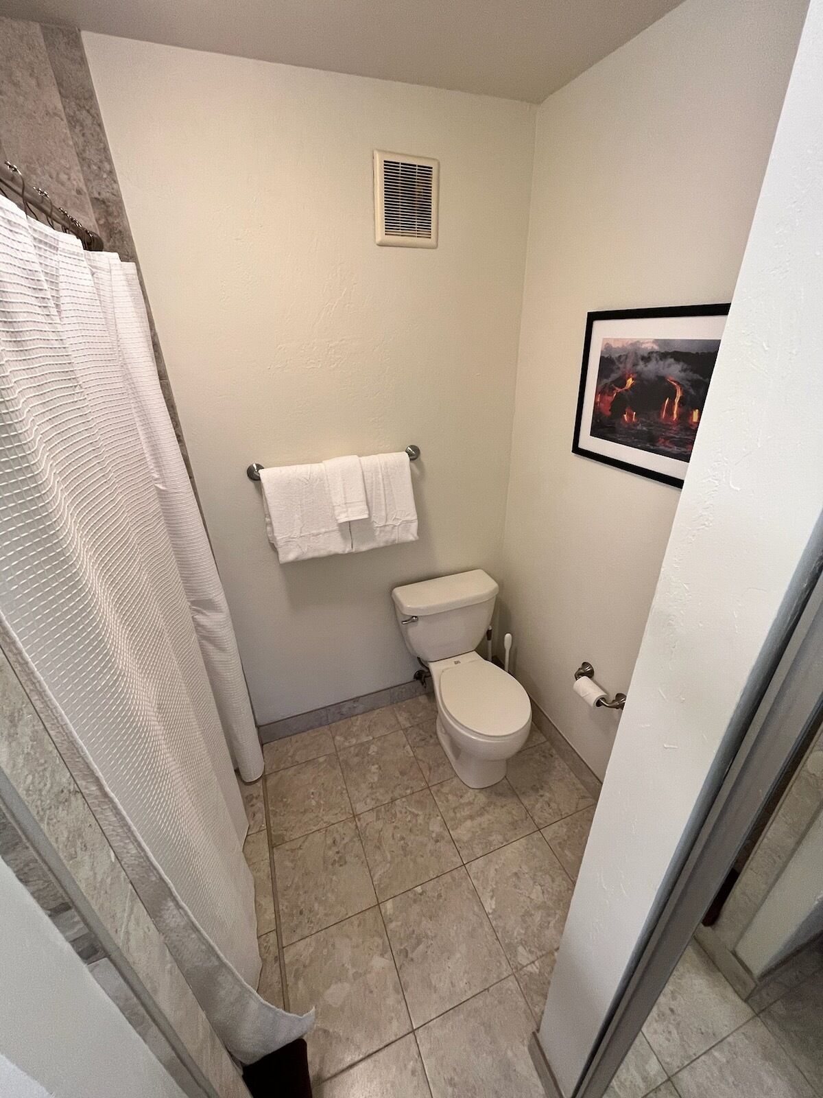 A bathroom with a toilet, a shower curtain, a towel rack with towels, a vent, and a framed picture on the wall.