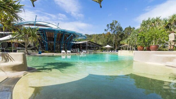 A pool area with lounge chairs and umbrellas, surrounded by tropical plants and a covered structure.