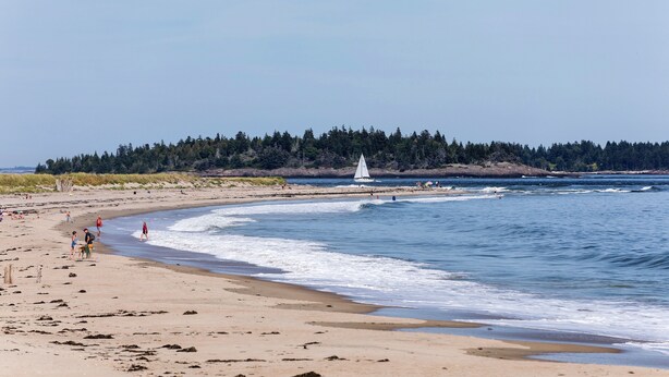 Una playa con un velero, gente caminando y un área boscosa al fondo.