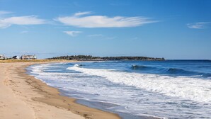 Una playa con olas, una orilla arenosa y una costa distante con árboles y edificios.