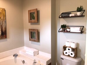 Hair dryer, towels, soap, shampoo