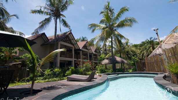 A swimming pool surrounded by palm trees and a building with a thatched roof.