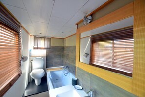 Bathtub, hair dryer, towels, toilet paper