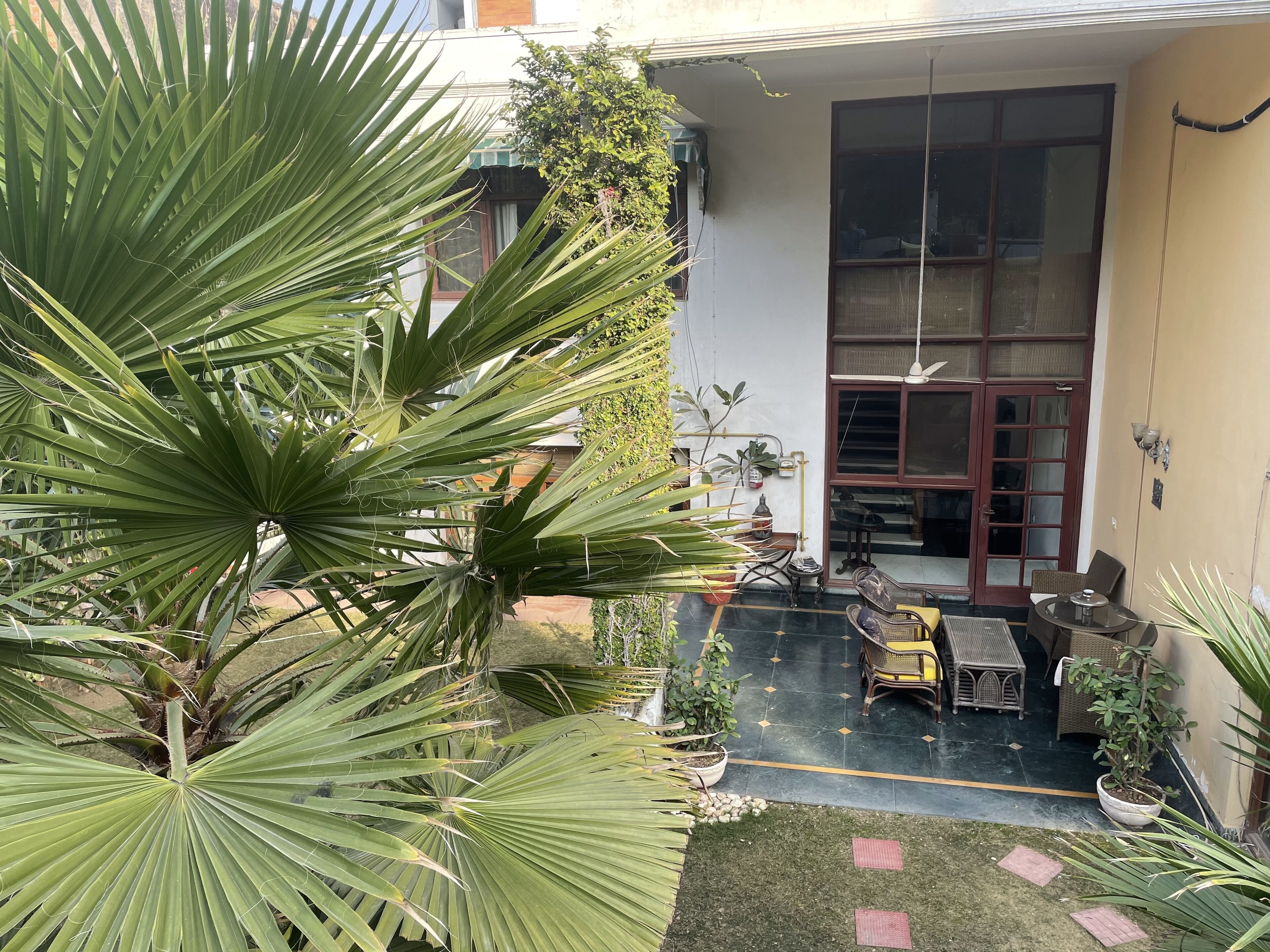 A courtyard with a seating area, potted plants, and a large window.