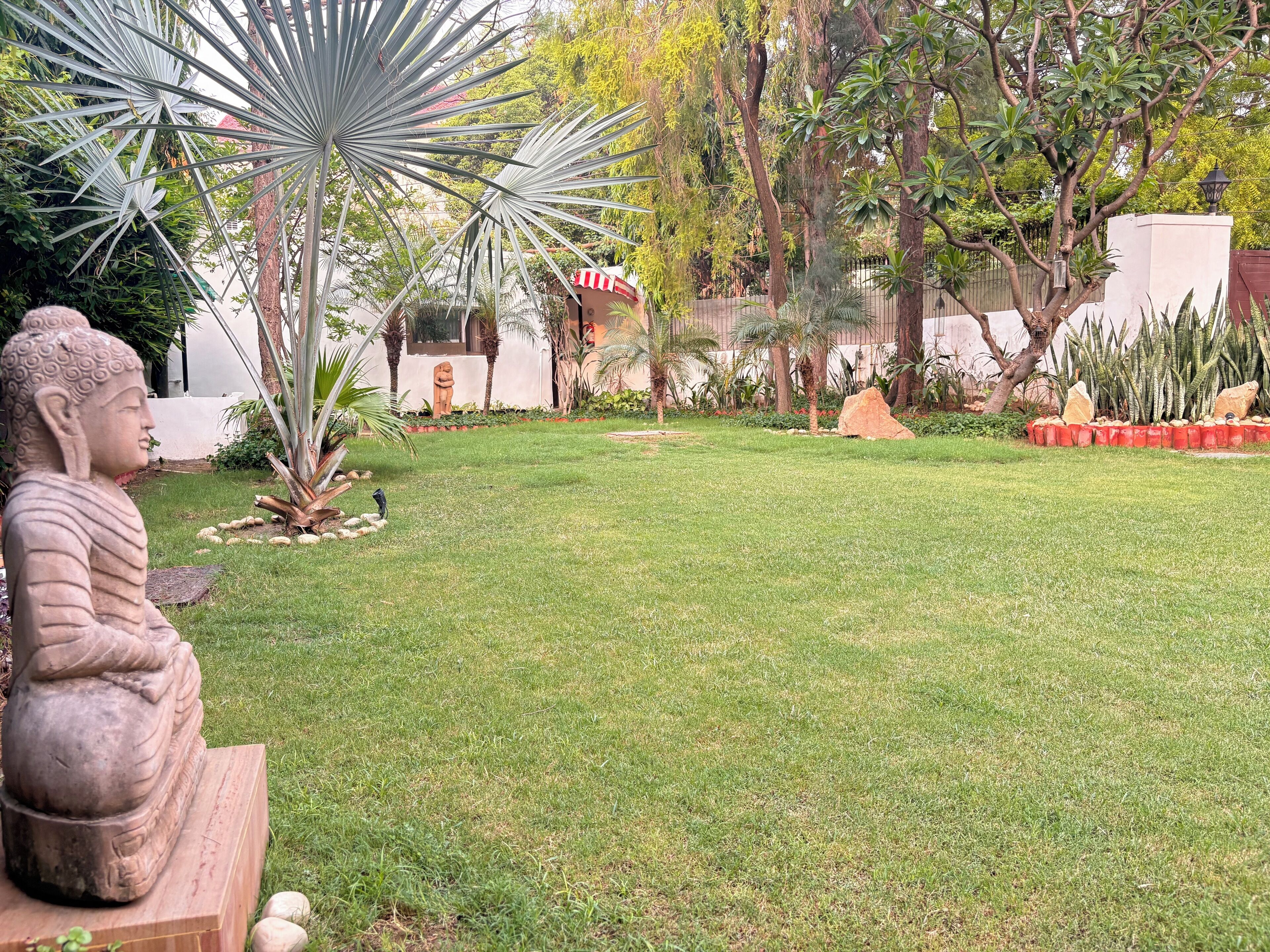 A statue of Buddha in a garden with a lawn, palm trees, and a stone pathway.