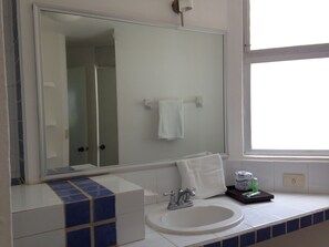 Shower, hair dryer, towels