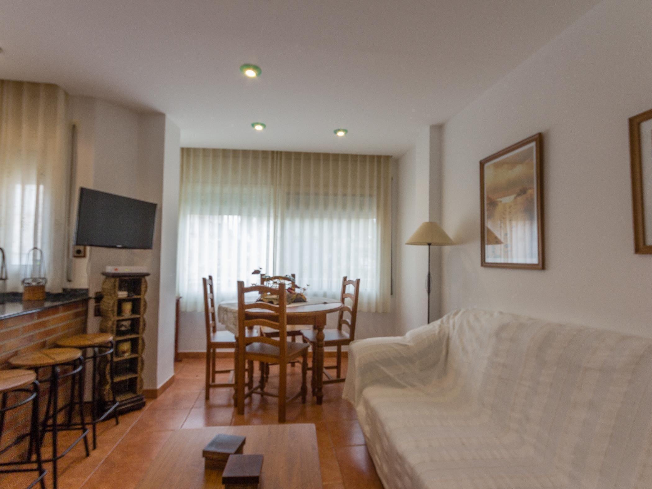 A living room with a sofa, a coffee table, a TV, and a dining area with chairs and a table.
