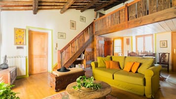 TV, fireplace, books, stereo