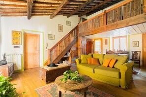 TV, lareira, livros, aparelho de som